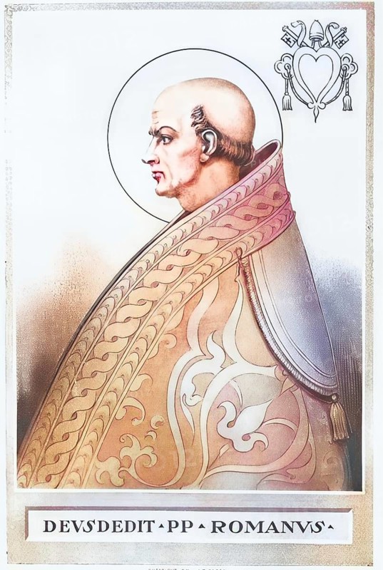 Adeodatus I, also known as Deusdedit I, died November 8, 618 in Rome, was Pope from October 19, 615 until his death, historical, authentic, digitally restored reproduction of a model from the 19th century, record date not stated, subsequently colored