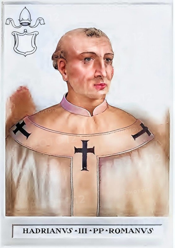 Hadrian III (died 17 September 885 in San Cesario sul Panaro near Modena, Northern Italy) was a Roman clergyman. He was Pope from May 884 until his death in 885, Historical, authentic, digitally restored reproduction from a 19th century original, Record date not stated, subsequently coloured