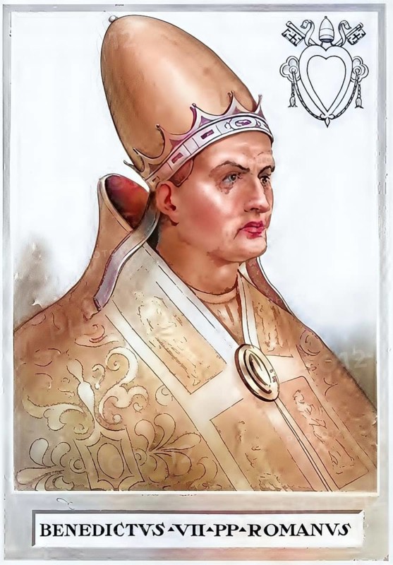 Benedict VII (born in Rome, died 10 July 983 (1) in Rome) was pope from 974 to 983, the son of Deodat, grandson of Alberich II of Spoleto and nephew of John XII. He became the fourth pope from the family of the Counts of Tusculum, Historical, authentic, digitally restored reproduction from a 19th century original, record date not stated, subsequently coloured