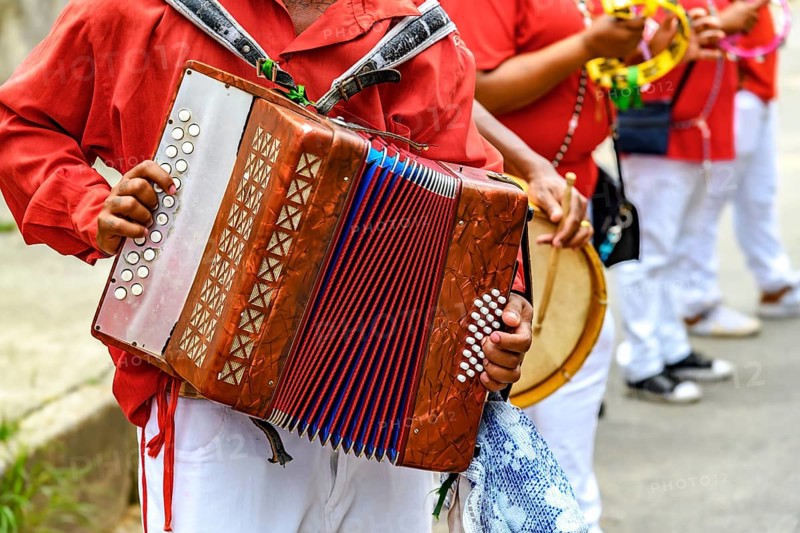 Accordion player with his instrument during a Congado religious festival in the state of Minas Gerais, Minas Gerais, Brazil