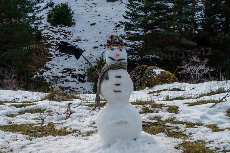 Snowman standing on a partially snow covered hillside, wearing a colorful knitted hat, grey scarf, and gloves as arms, with evergreen trees and patches of green grass in the background