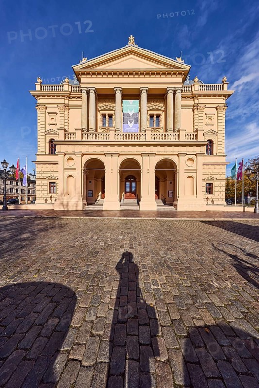 Mecklenburgisches Staatstheater, theatre, historic building, architect Georg Daniel, neo-Renaissance style, cobblestones, photographer's own shadow, blue sky, cirrus clouds, Alter Garten street, Schwerin, state capital, district-free city, Mecklenburg-Western Pomerania, Germany