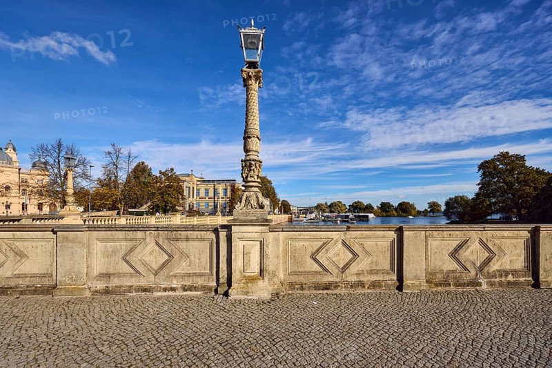 Sandstone wall, lantern, paving stone sidewalk, general architecture, trees, Schweriner Innensee lake, blue sky, altocumulus clouds, cumulus clouds, castle bridge, Lennéstraße, Schwerin, state capital, district-free city, Mecklenburg-Western Pomerania, Germany