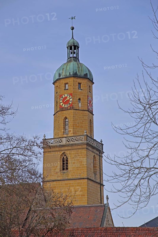 Church tower of St. Blasius city church built in the 14th century, Bopfingen, Härtsfeld, Swabian Jura, Baden-Württemberg, Germany