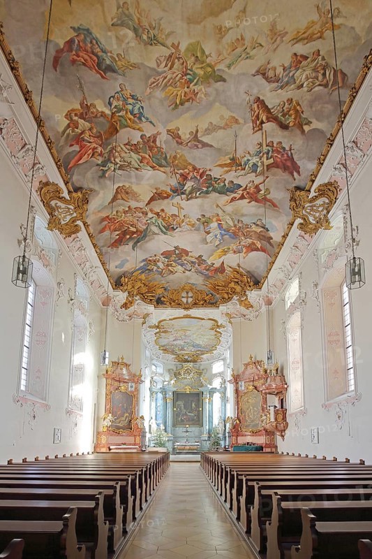 Baroque ceiling fresco by Johann Nikolaus Stuber, looking up, interior photo, handicrafts, painting, ceiling painting, castle church, Teutonic Order Castle, Bad Mergentheim, Tauber Franconia, Franconia, Baden-Württemberg, Germany