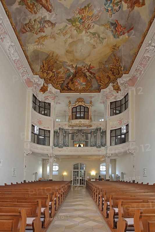 Organ and baroque ceiling fresco by Johann Nikolaus Stuber, interior photo, ceiling painting, handicrafts, castle church, Teutonic Order Palace, Bad Mergentheim, Tauber Franconia, Franconia, Baden-Württemberg, Germany