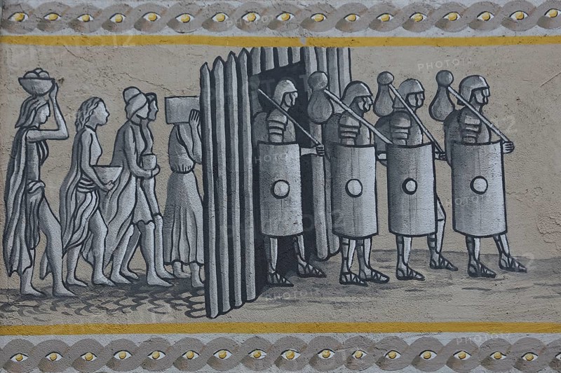 Historical wall by artist group Kollektiv K 2020, wall painting with historical city history, from Stone Age to Roman period, Roman soldiers, Romans, contemporary history, house façade, street art, mural, eel, Swabian Jura, Baden-Württemberg, Germany