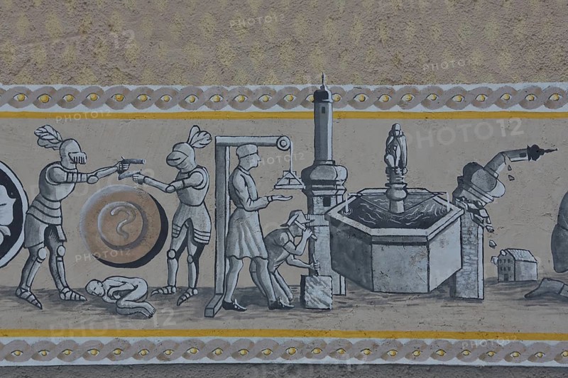 Historical wall by artist group Kollektiv K 2020, wall painting depicting historic city history, medieval knights in armor dueling with pistol, stonemasonry, market fountain, church, destruction, contemporary history, house facade, street art, eels, Swabian Jura, Baden-Württemberg, Germany