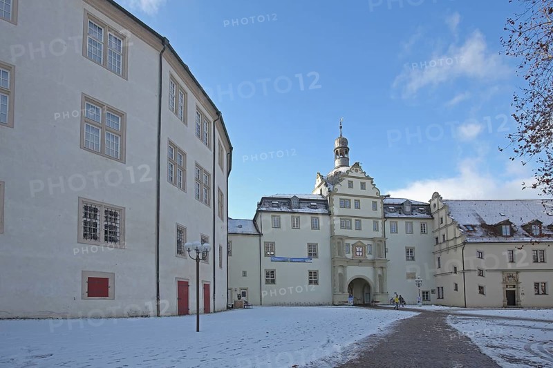 Teutonic Order Castle with Portal and Castle Garden Winter with Snow, Bad Mergentheim, Tauber Franconia, Baden-Württemberg, Germany