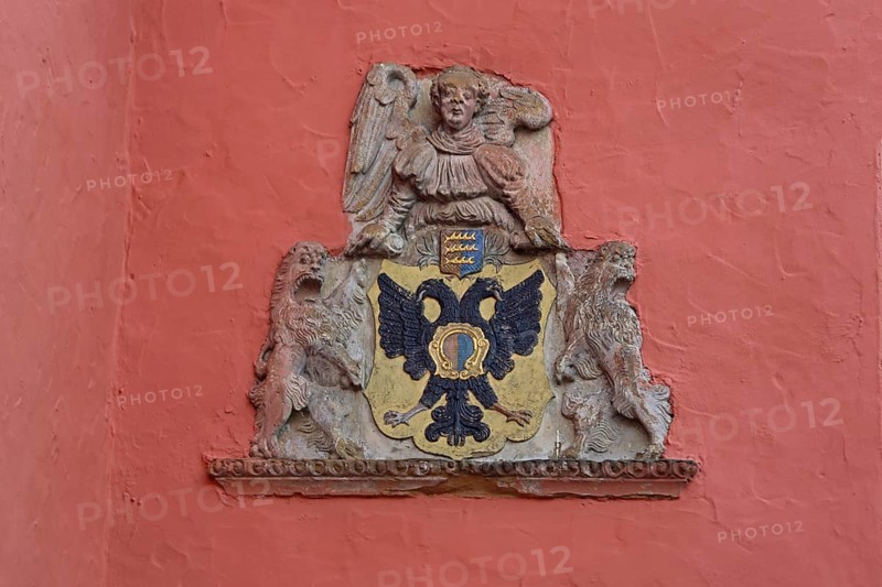 City coat of arms with double eagle, Old Town Hall, Market Square, Bopfingen, Härtsfeld, Swabian Jura, Baden-Württemberg, Germany