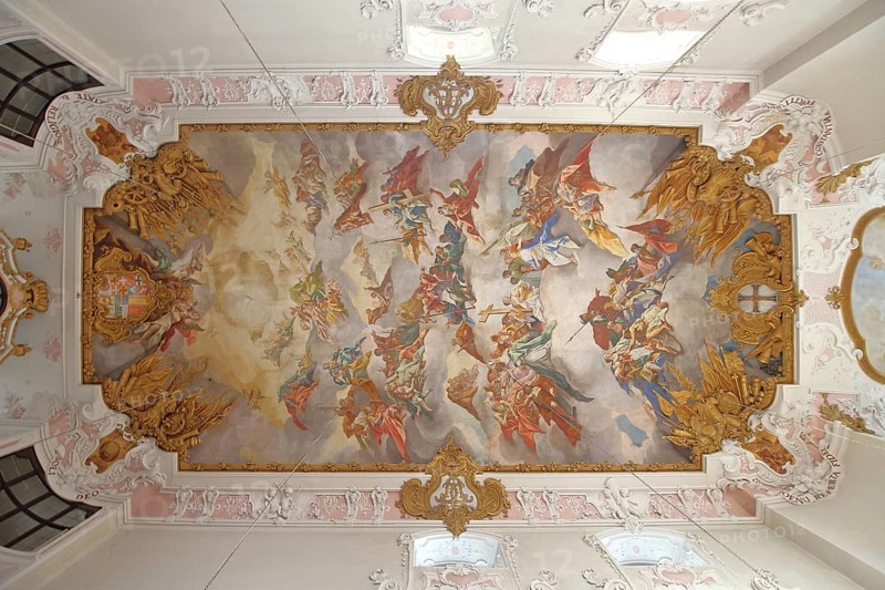 Baroque ceiling fresco by Johann Nikolaus Stuber, looking up, interior photo, handicrafts, ceiling painting, castle church, Teutonic Order Castle, Bad Mergentheim, Tauber Franconia, Franconia, Baden-Württemberg, Germany