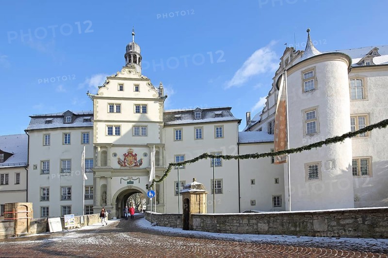 Portal of the Teutonic Order Castle in winter with snow, Castle, Bad Mergentheim, Tauber Franconia, Baden-Württemberg, Germany