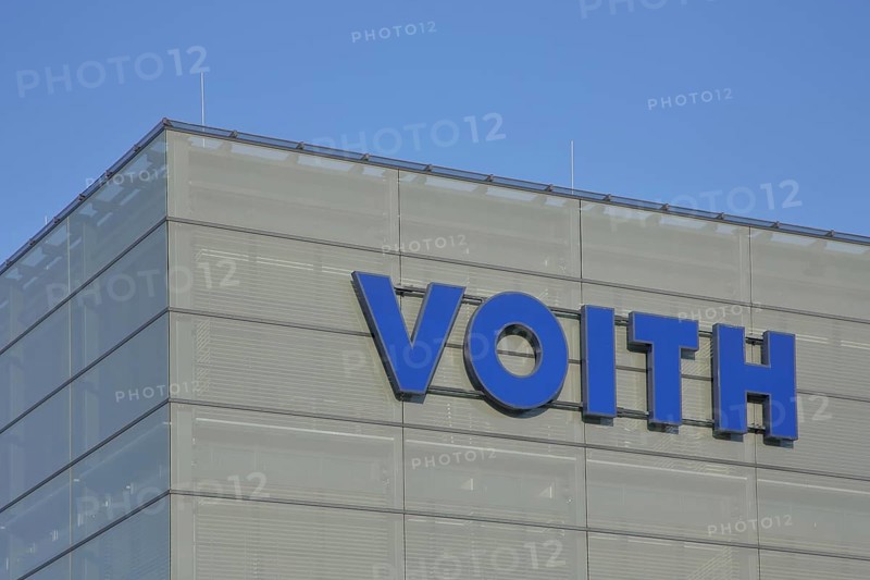 Voith company emblem with blue inscription, company, industry, steel production, mechanical engineering, Heidenheim an der Brenz, Swabian Alb, Baden-Württemberg, Germany