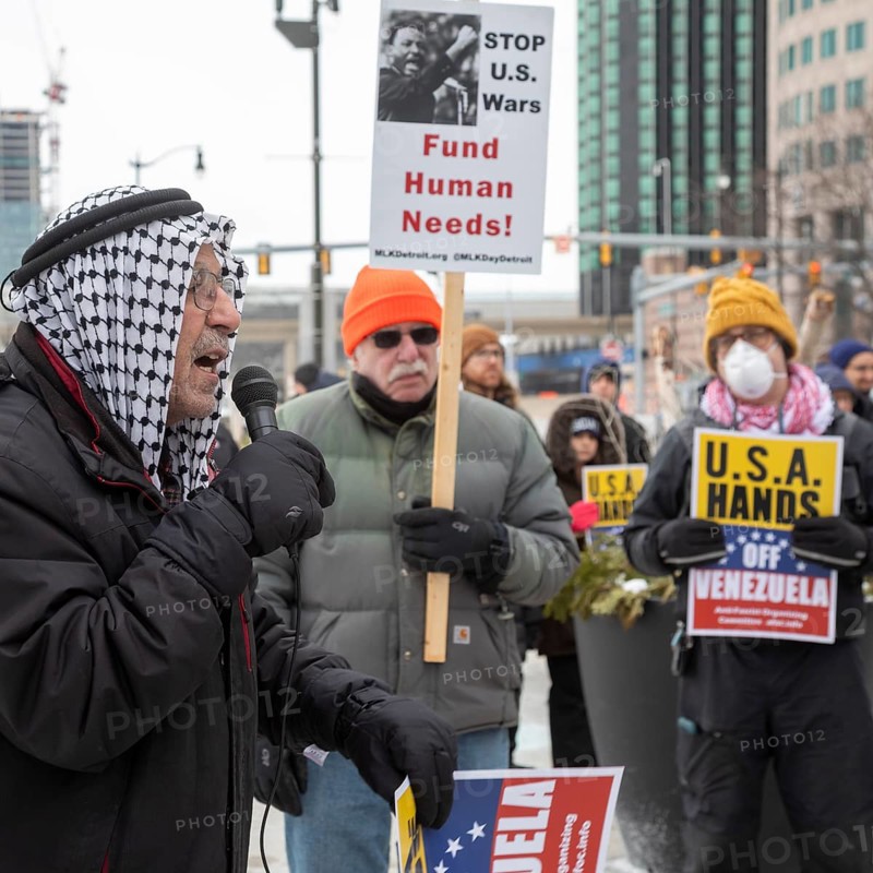 Detroit, Michigan USA, - 3 January 2026 - Activists rally in downtown Detroit to protest President Trump's military action in Venezuela