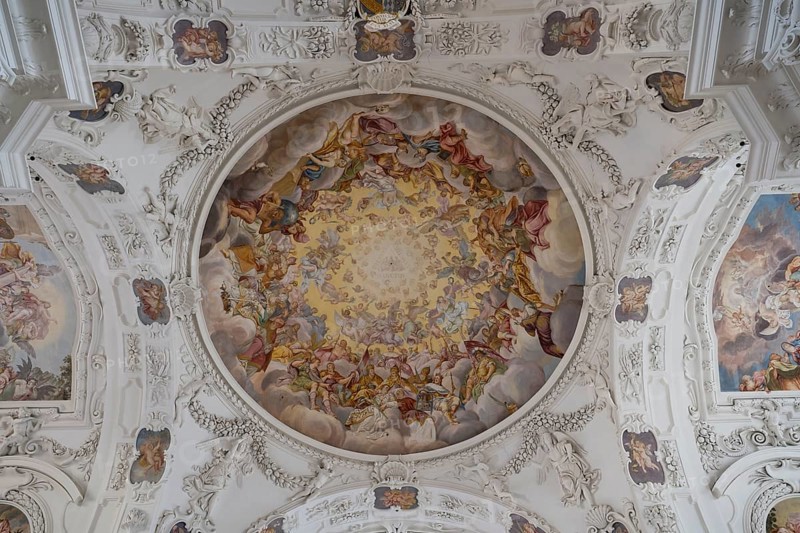 Vaulted ceiling with frescoes, baroque, parish church of St. Quirinus, former monastery church, village of Tegernsee, Upper Bavaria, Germany