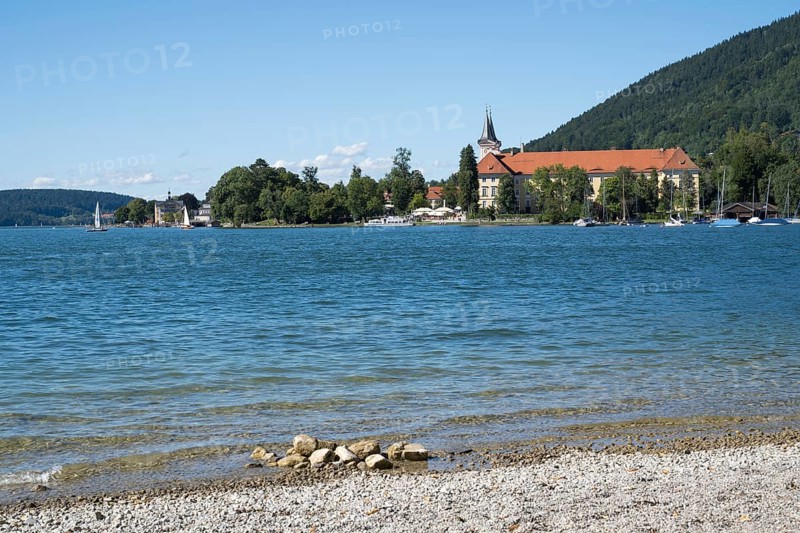 Parish Church of St. Quirinus, Tegernsee Abbey, Castle with Braustüberl, view from Seeufer Point, village Tegernsee, Upper Bavaria, Bavaria, Germany