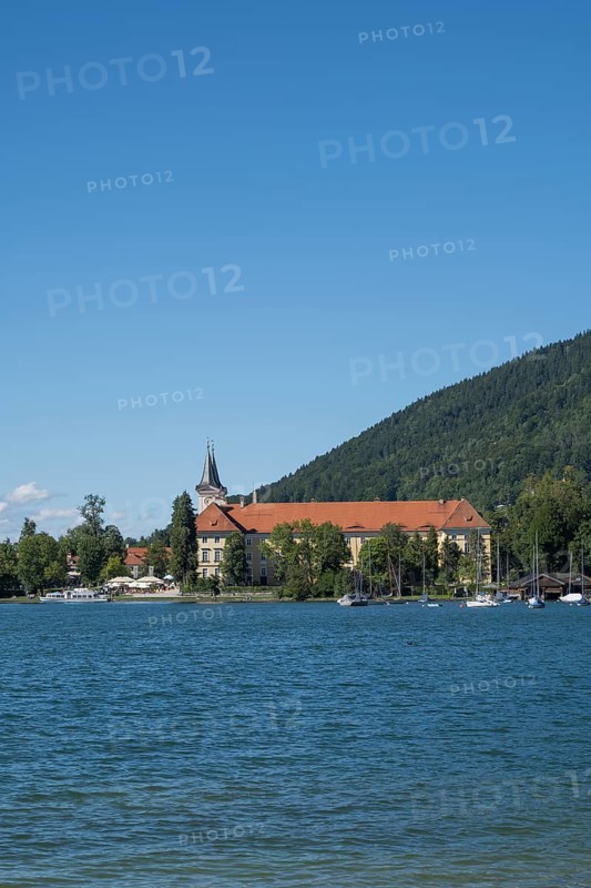Parish Church of St. Quirinus, Tegernsee Abbey, Castle with Braustüberl, view from Seeufer Point, village Tegernsee, Upper Bavaria, Bavaria, Germany