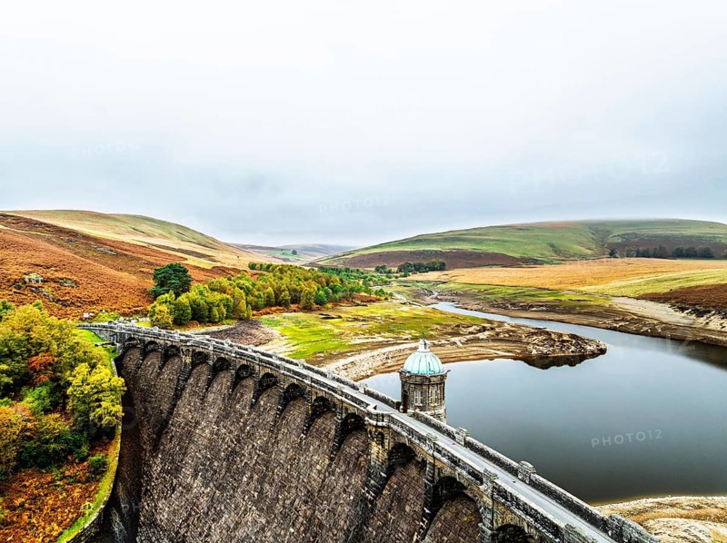 Autumn over Craig Goch Dam from a drone, Elan Valley Reservoirs, Elan Valley, Rhayader, Powys, Wales, UK