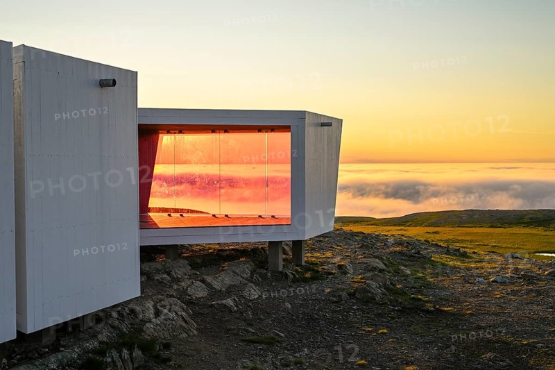 Windbreaks and observation huts on Mount Domen. The project consists of three small buildings, which are arranged in such a way that they always protect against wind and weather, and the reddish color protects birds from impact. Biotope Architectural Office. Domen, Vardö, Finnmark, Norway