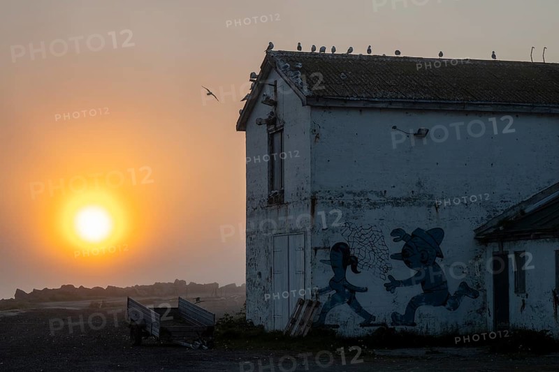 Abandoned building at sunset with graffiti and birds on the roof, Vardø, Finnmark, Norway