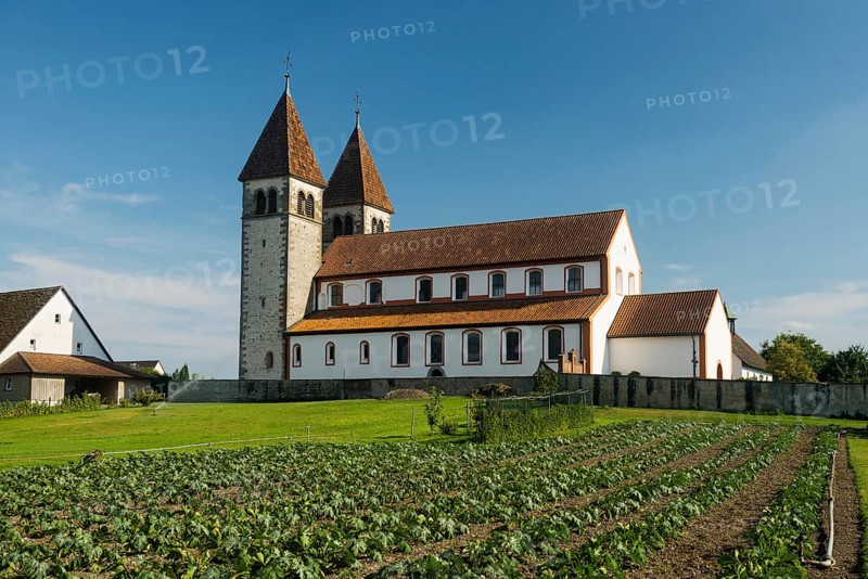 Collegiate Church of St. Peter and Paul and Gemüsefeld, Niederzell, UNESCO World Heritage Site, Reichenau Island, Lake Constance, Baden-Württemberg, Germany