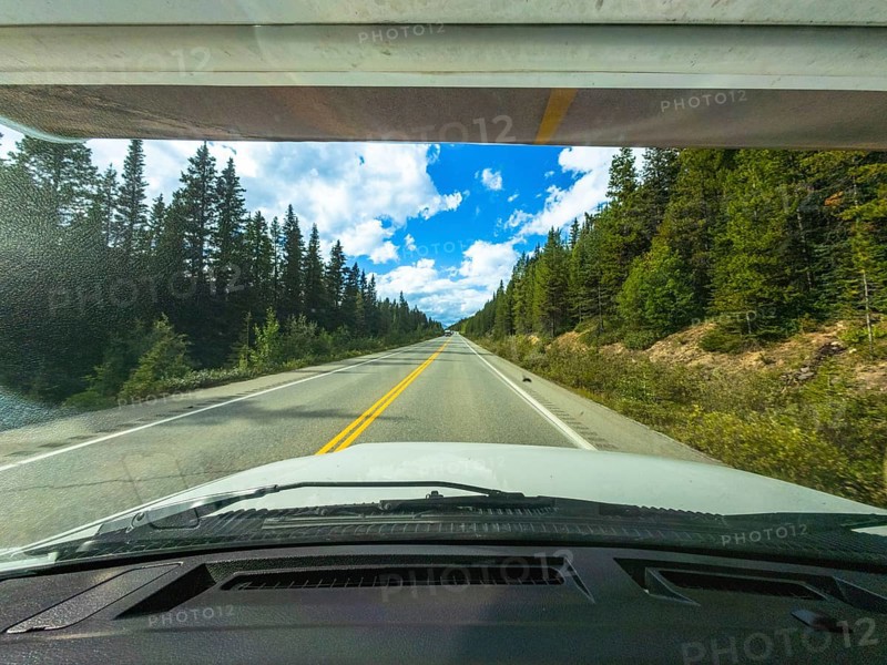 White car driving on a scenic highway through a coniferous forest in the canadian rockies on a sunny summer day, offering a breathtaking view of the natural landscape