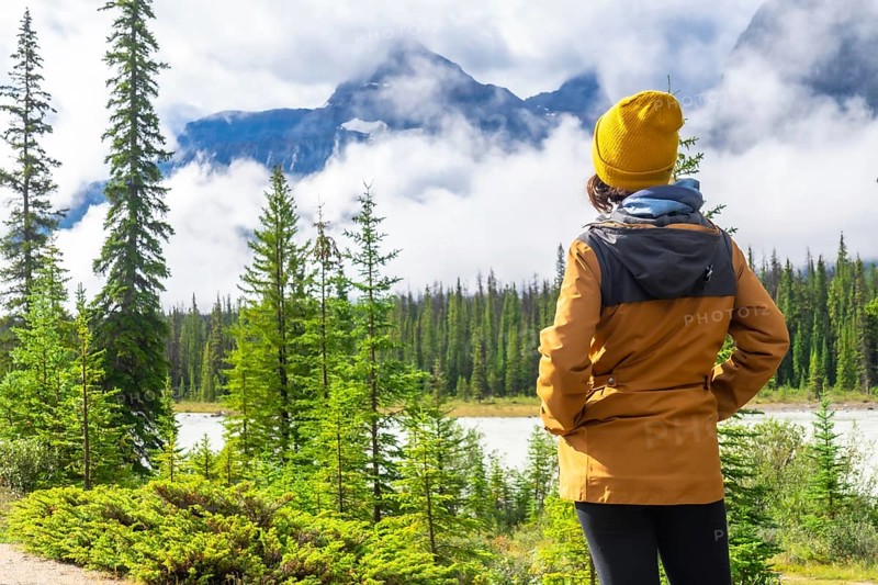Pausing to admire breathtaking views of majestic mountains, serene lakes, and lush pine forests, a hiker embraces the tranquility of nature along the icefields parkway