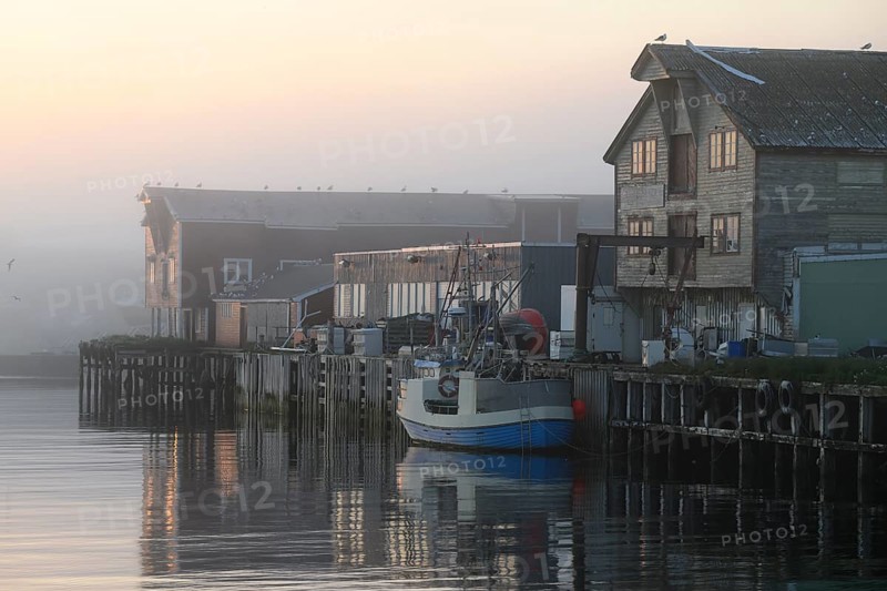 A quiet harbor in morning fog with boats and wooden houses reflecting in the water, Vardø, Finnmark, Norway
