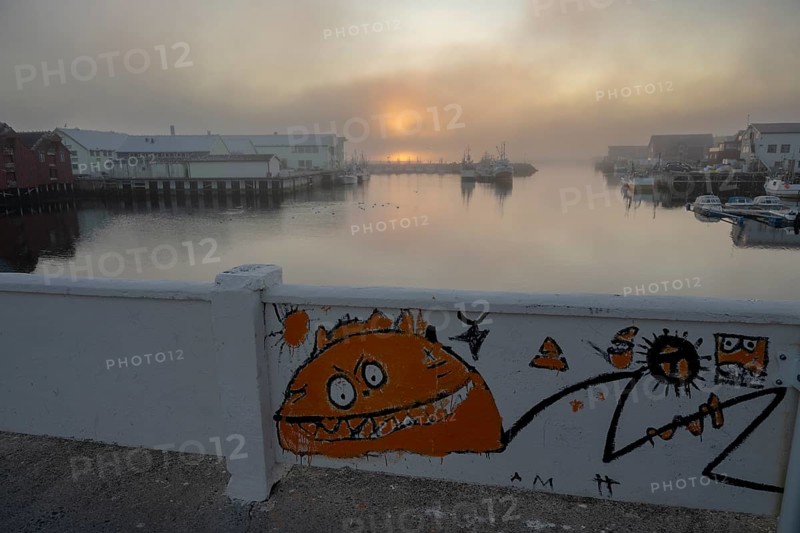 Street art on bridge at the harbor. Vardö street art phenomenon created by the festival Komafest, curated by artist Pøbel in 2012, Vardø, Finnmark, Norway