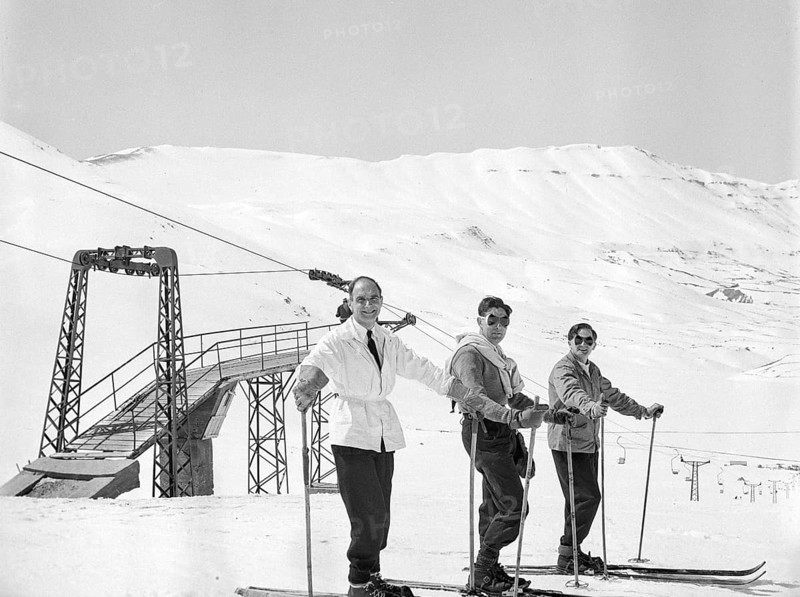 Male skiers at Cedars Ski Resort, Bsharri, Lebanon, Middle East c 1956 - the country's oldest skiing area and first ski lift built in 1953