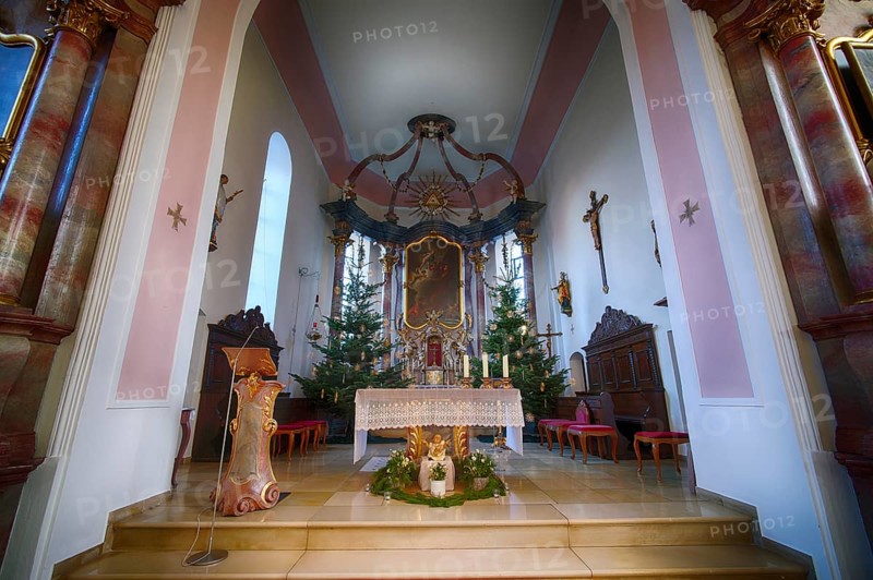 Interior view, choir room, altar, Catholic Saint Barbara church from 1783, baroque, Christmas decoration, Christmas, Hofen, Mühlhausen am Neckar district, Stuttgart, Baden-Württemberg, Germany