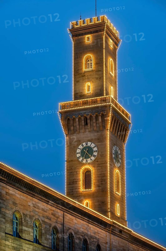 Fürth Town Hall Tower in evening lighting, the tower, is imitated the tower of the Palazzo Vecchio in Florence, blue evening sky, Fürth, Middle Franconia, Bavaria, Germany