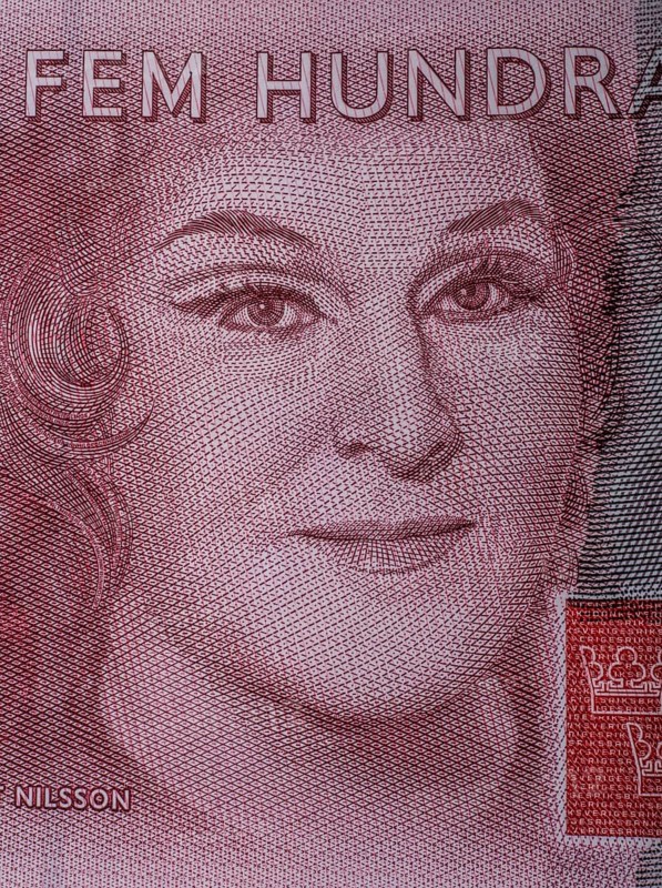 Birgit Nilsson (1918-2005), famous Swedish opera singer, portrait on Swedish 500-krona banknote