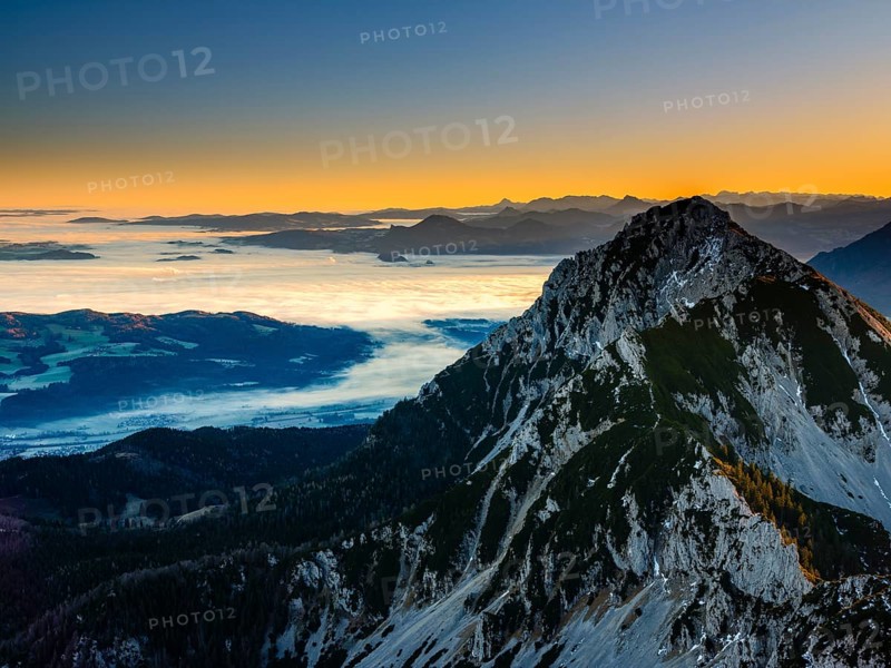Sunrise in the mountains, view of Salzburg with fog, Hochstaufen, Zwiesel, Bad Reichenhall, Berchtesgadener Land, Upper Bavaria, Bavaria, Germany