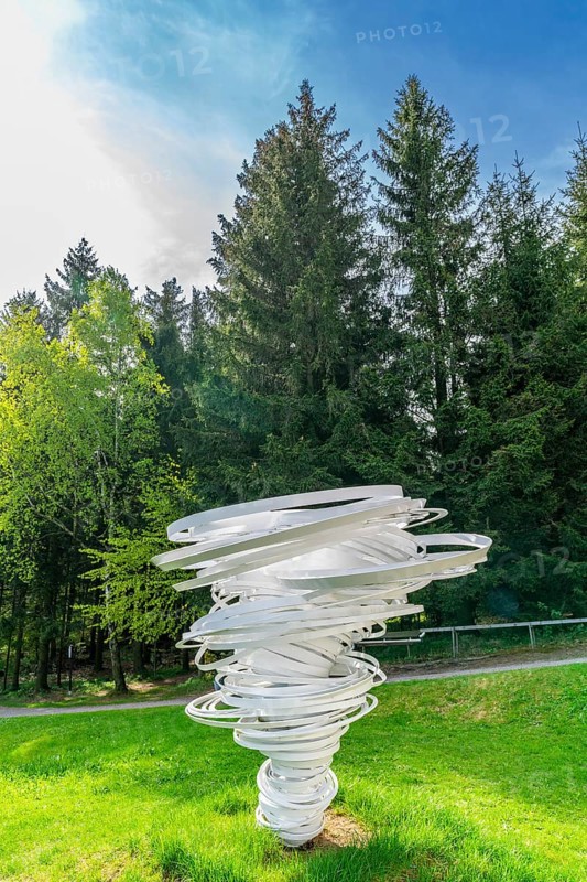 Sculpture, art installation Twister by artist and sculptor Alice Aycock, Purple Path art and sculpture trail of the European Cultural Region around the cultural capital Chemnitz, next to historic wooden houses in the Seiffen open-air museum, Ore Mountains, Saxony, Germany