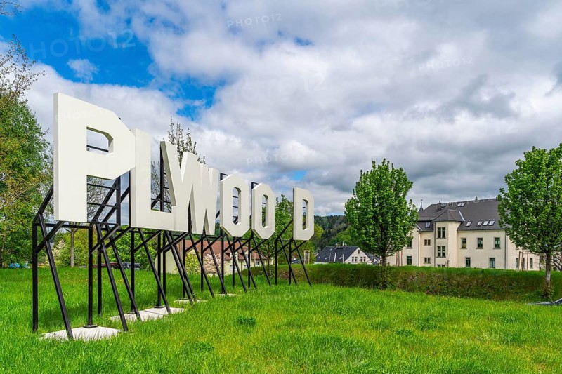Sculpture, art installation Plywood in the form of Hollywood lettering by artist Jay Gard, Purple Path art and sculpture trail of the European Cultural Region around the cultural capital Chemnitz, Olbernhau, Ore Mountains, Saxony, Germany