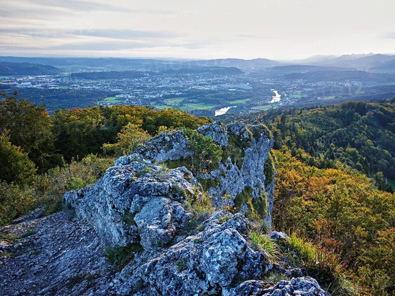 View from the Gisliflue of an autumnal forest with the Jura foothills behind, Talheim, Canton of Aargau, Switzerland
