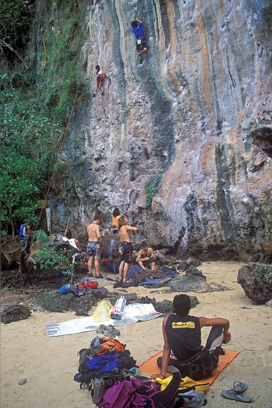 Mountaineers on Railay East Beach, two years in front of the tsunami, Krabi, Thailand, December 2002, vintage, retro, old, historic