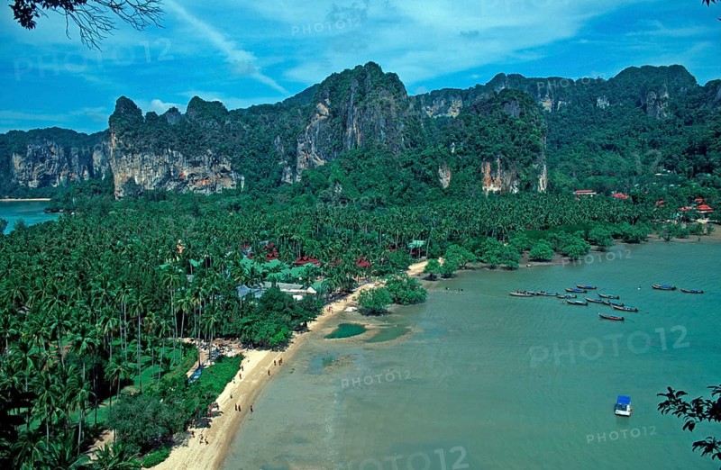Mountains, sea, beach, boats, view of Railay East from the viewpoint, two years in front of the tsunami, Krabi, Thailand, December 2002, vintage, retro, old, historic