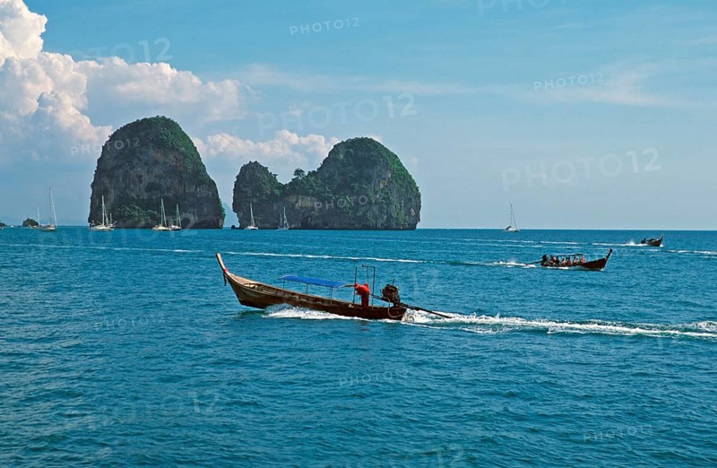 Longtail boats, rocks in the sea, Railay East, two years in front of the tsunami, Krabi, Thailand, December 2002, vintage, retro, old, historic