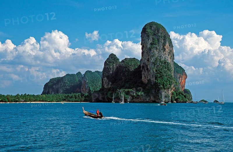 Longtail boat, rocks in the sea, Railay East, two years in front of the tsunami, Krabi, Thailand, December 2002, vintage, retro, old, historic