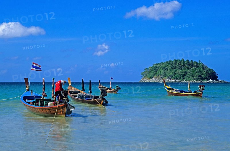 Longtail boats, island, Kata Beach, two years in front of the tsunami, Ko Phuket, Thailand, December 2002, vintage, retro, old, historic