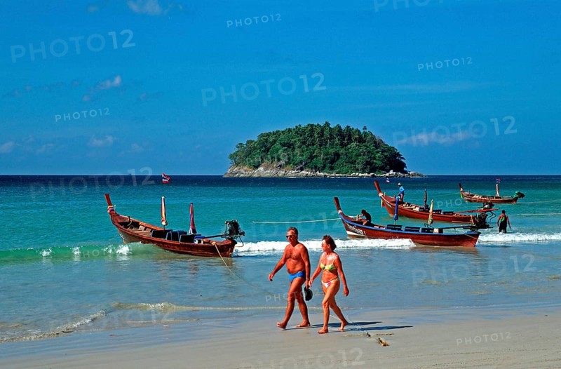 Longtail boats, people, island, Kata Beach, two years in front of the tsunami, Ko Phuket, Thailand, December 2002, vintage, retro, old, historic