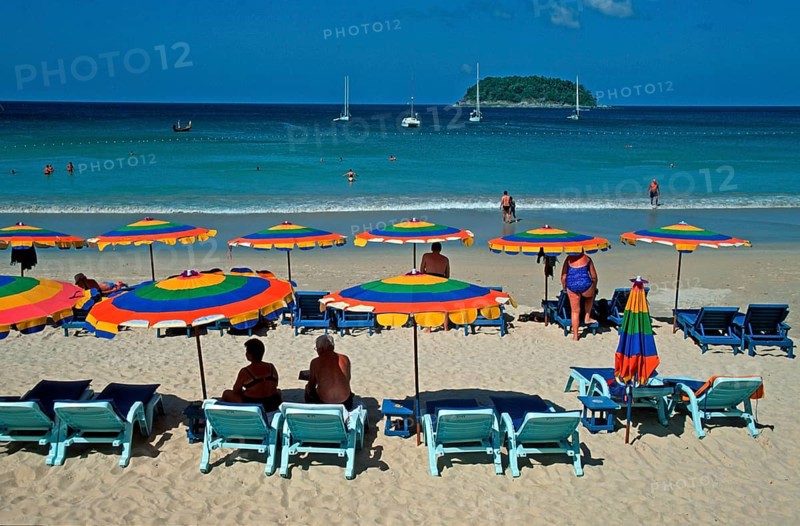 People, umbrellas, boats, island, Kata Beach, two years in front of the tsunami, Ko Phuket, Thailand, December 2002, vintage, retro, old, historic