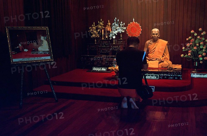 Wax monk at Wat Chalong monastery, believer praying, Ko Phuket, Thailand, December 2002, vintage, retro, old, historic