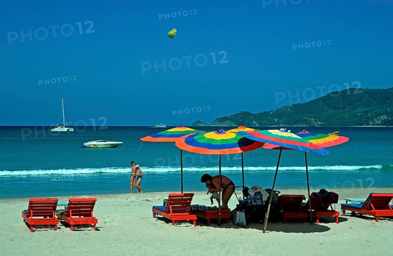 Paragliders, umbrellas, boats, people, Patong Beach, Ko Phuket, two years in front of the tsunami, Thailand, December 2002, vintage, retro, old, historic