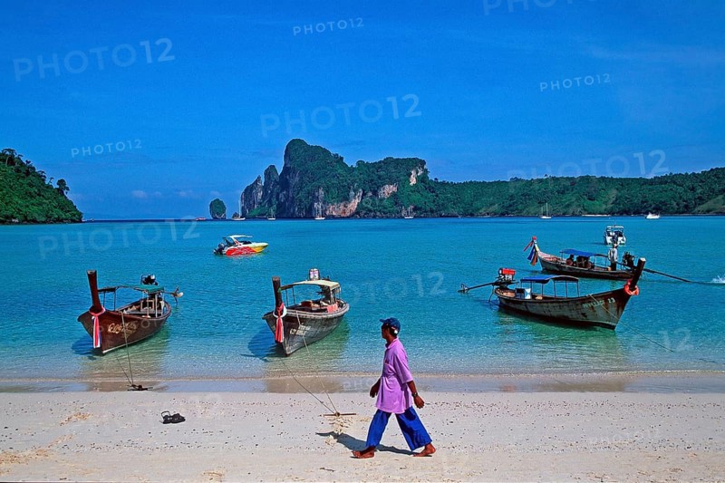 Longtail boats on Ko Phi Phi Don beach, two years in front of the tsunami, Thailand, December 2002, vintage, retro, old, historic