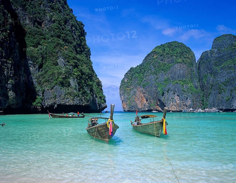 Longtail boats on Maya Bay beach, known from the movie The Beach, one year in front of the tsunami, Ko Phi Phi Le, Thailand, December 2002, vintage, retro, old, historic