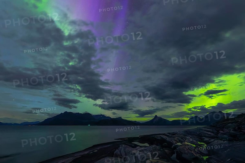 The Vestfjord in Nordland, Norway, has an enchanting atmosphere at night. Dark clouds and vivid aurora, polar lights dance over the fjord. The rugged cliffs and majestic mountains are reflected in the calm water and create a mystical backdrop