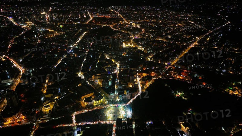 A Drone night view of Aleppo, Syria on December 19, 2025, showing illuminated streets, dense residential areas, and major traffic routes under the night sky, Aleppo, Aleppo, Syria